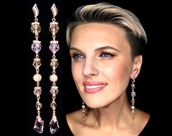 Pendientes de hombro con diseño de hexágonos de cristal, cuentas rosas y champán, colgantes extra largos de oro rosa.