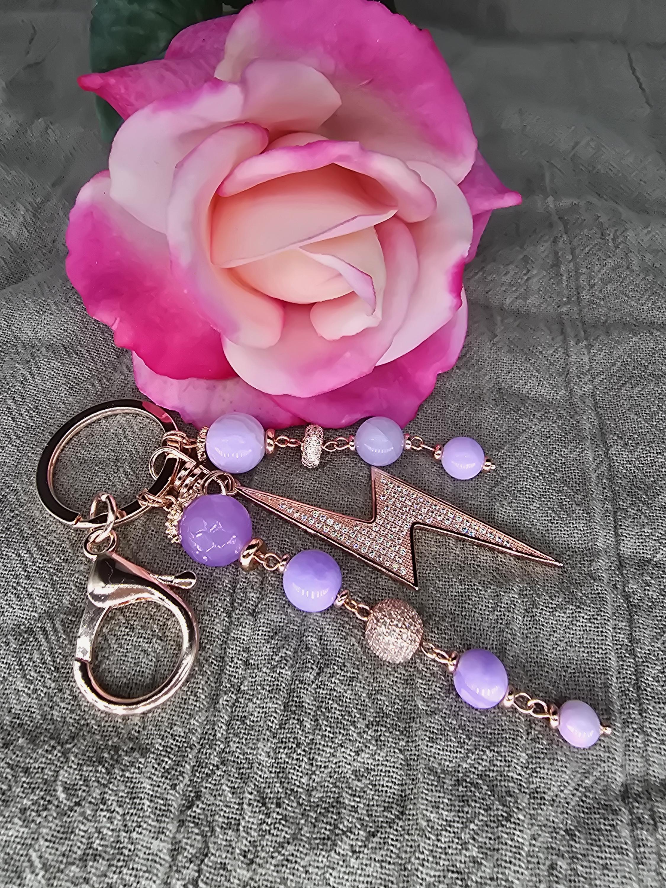 Bag Charm Keychain – Lavender Kunzite, Jade Beads, CZ Lightning