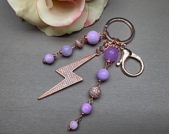 Bag Charm Keychain – Lavender Kunzite, Jade Beads, CZ Lightning