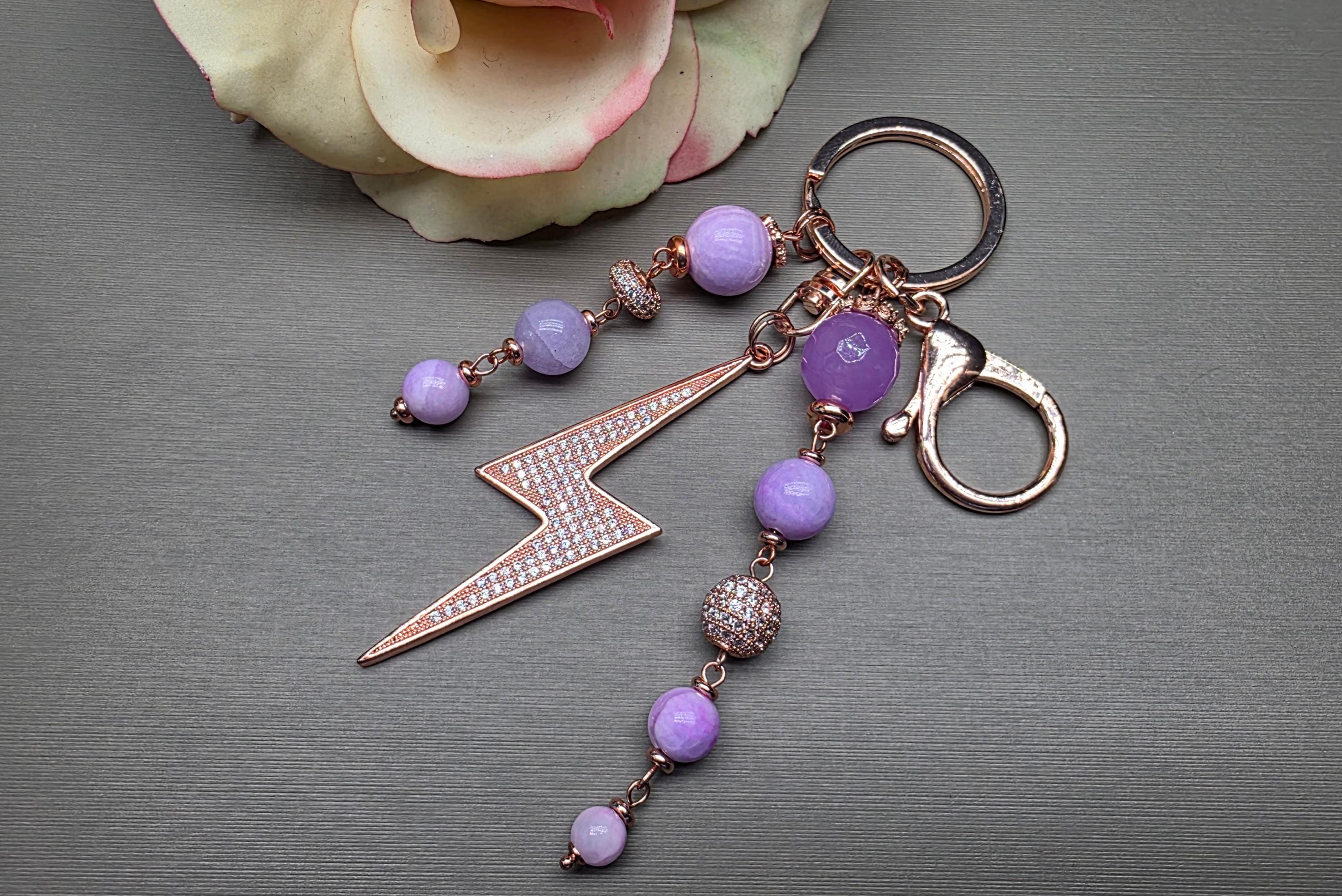 Bag Charm Keychain – Lavender Kunzite, Jade Beads, CZ Lightning