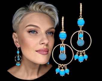 Chandelier Earrings – Turquoise CZ Drop, Glass Beads, Extra Long Gold Dangle