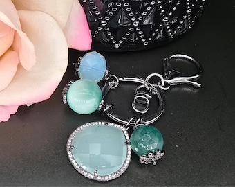 Bag Charm Keychain – Chunky Teal Crystal, Mint Green and Milky Beads, CZ, Gunmetal