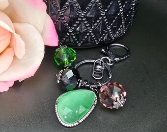 Bag Charm Keychain – Big Green Crystal, Brown Black Green Beads, CZ, Gunmetal