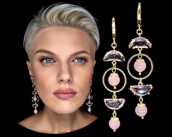 Chandelier Earrings – Rose Quartz Beads, Pink Half Circle Crystals, Extra Long Gold Dangle
