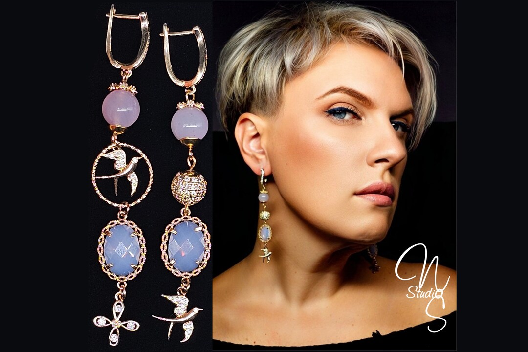 Mismatched Earrings/pink Opal Earrings/bird Earrings/swallow Etsy