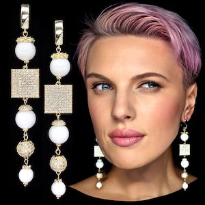 Extra long statement gold geometric dangle earrings with white beads and cubic zirconia square charms