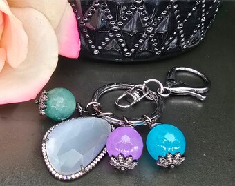 Bag Charm Keychain – Oversized Grey Crystal, Green Blue Turquoise Jade Beads, CZ, Gunmetal
