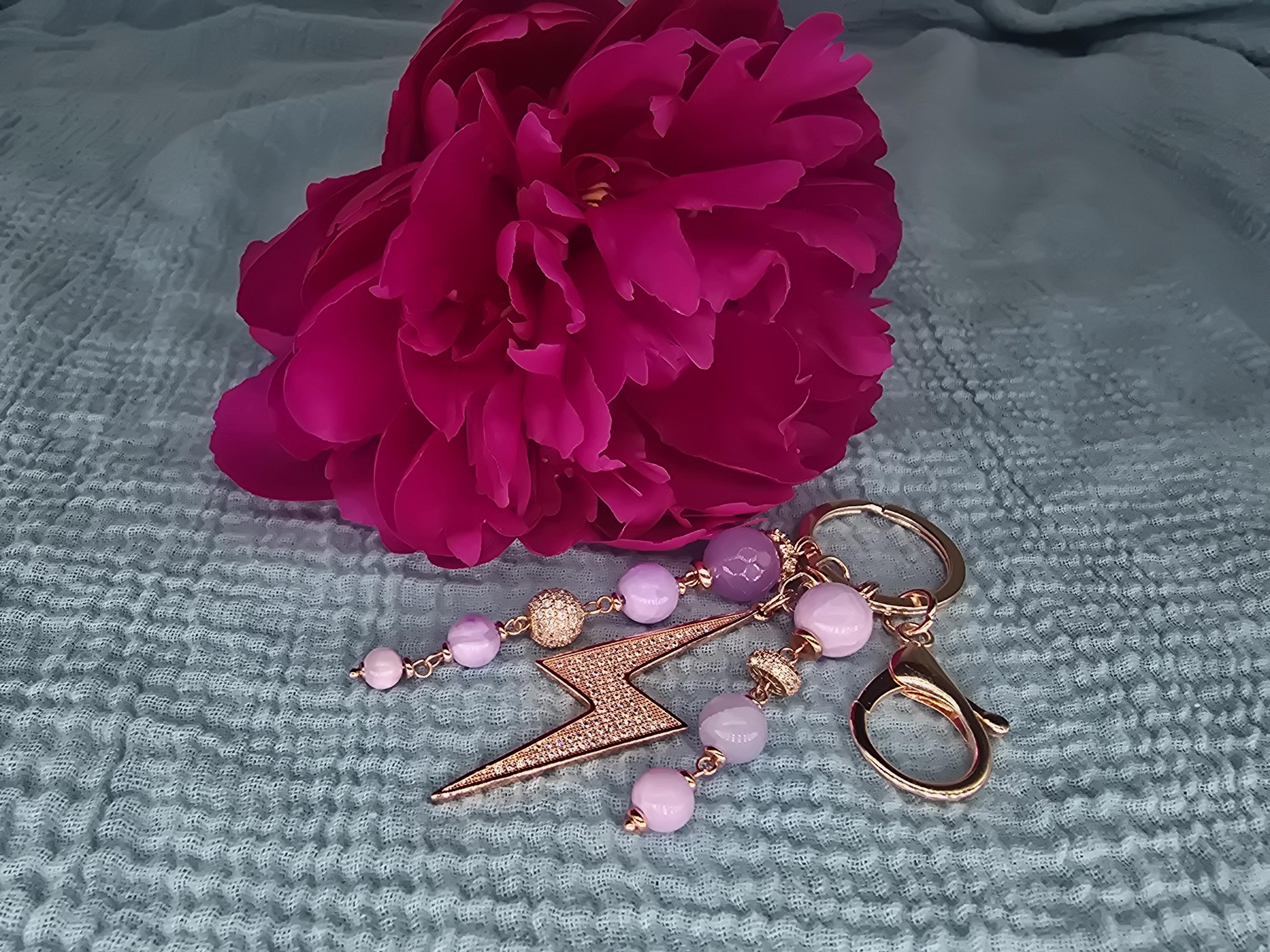Bag Charm Keychain – Lavender Kunzite, Jade Beads, CZ Lightning