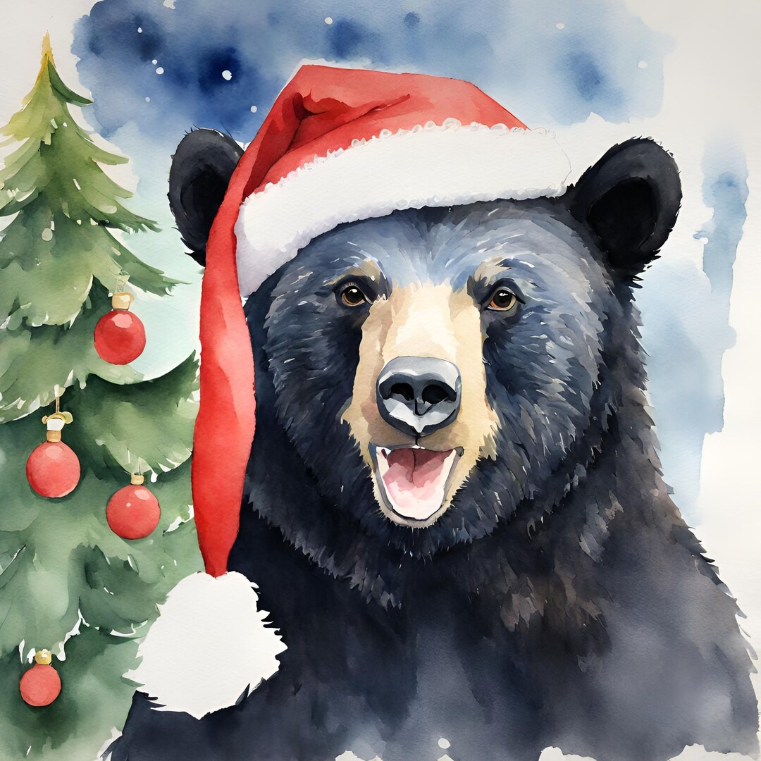 Christmas Holiday Bear Printable Download Watercolor, Black Bear