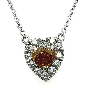 GIA Certified 18K White Gold White & Fancy Deep Brownish Orangy Yellow Heart Necklace