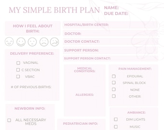 Simple Birth Plan Template For Labor and Delivery Mom and Baby Girl INSTANT DOWNLOAD Pregnancy Planner