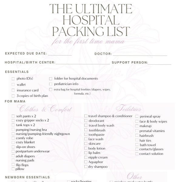Hospital Bag Checklist Labor and Delivery Check List First Time Mom and Baby Girl DIGITAL DOWNLOAD Printable File Pregnancy Maternity