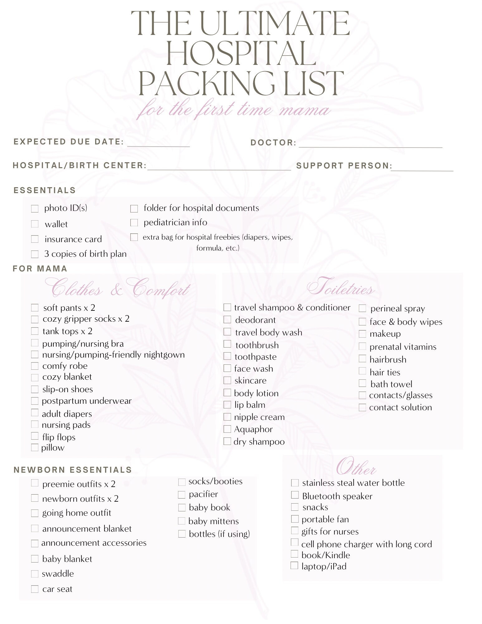 Hospital Bag Checklist Labor and Delivery Check List First Time Mom and Baby Girl DIGITAL DOWNLOAD Printable File Pregnancy Maternity
