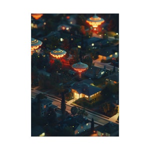 Suburbia UFO Art Photography Poster Aesthetic UFO Surreal Print Flying Saucer Sci Fi Decor 1950&#39;s UFO Sighting Tilt Shift Wall Rolled Poster