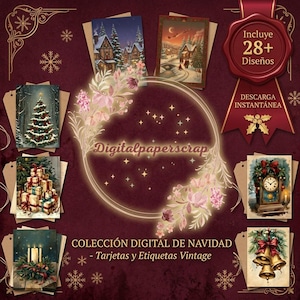 Puede incluir: Una colección digital de tarjetas y etiquetas navideñas con más de 28 diseños. El conjunto incluye ilustraciones de pueblos nevados, un árbol de Navidad decorado, regalos, un reloj, velas y campanas sobre un fondo rojo oscuro.