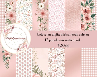 Salmon Pink Wedding Digital Papers | 12 A4 Vertical Papers 300dpi JPG | Peach Salmon Wedding, Floral Vintage, Scrapbooking, Junk Journal