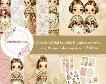Colección Digital Fallerita 17 Papeles A4 + 4 Complementos | Scrapbooking Fallas Valencianas Niñas | 300 DPI JPG