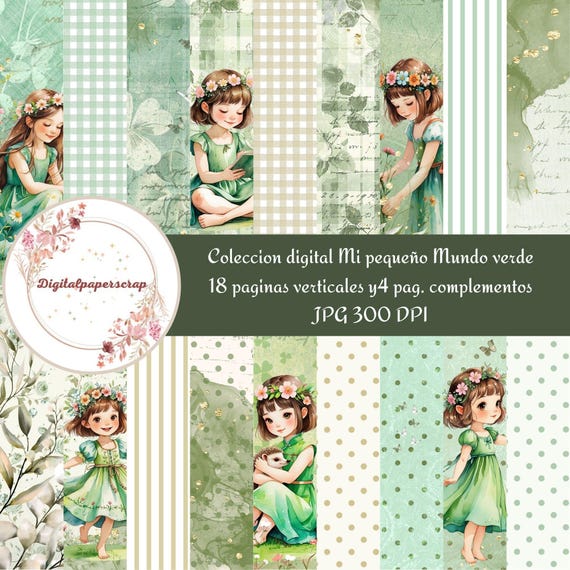 Colección Digital Scrapbooking “Mi Pequeno Mundo Verde” | 18 Papeles A4 Verticales  Imprimibles Alta Calidad