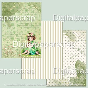 Puede incluir: Juego de papeles de scrapbooking digitales con un tema caprichoso. El juego incluye una p&aacute;gina con una ni&ntilde;a con un vestido verde, una p&aacute;gina a rayas y una p&aacute;gina de lunares. La paleta de colores es verde suave y beige.
