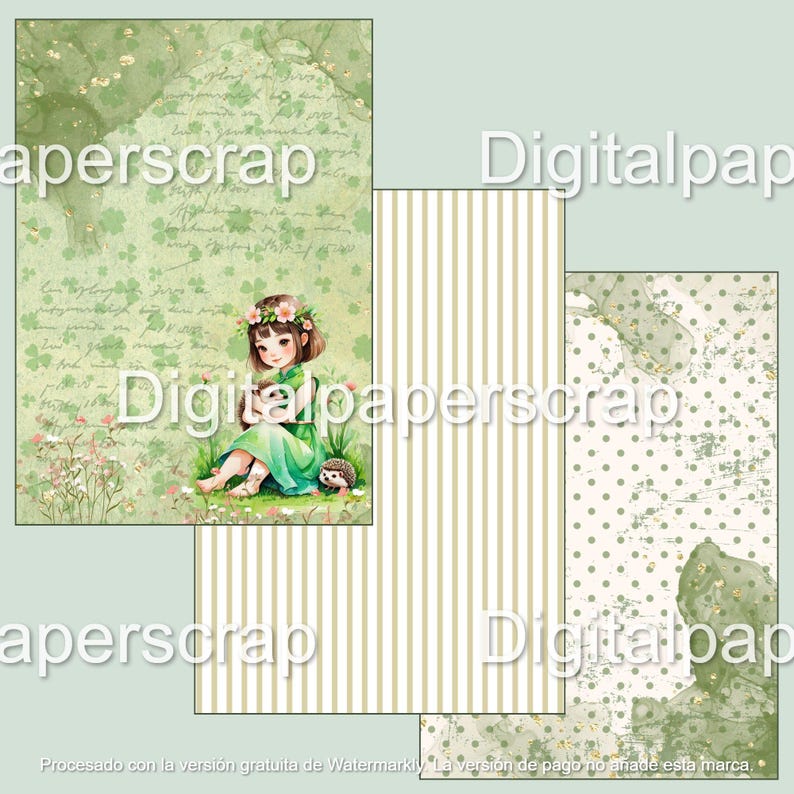 Puede incluir: Juego de papeles de scrapbooking digitales con un tema caprichoso. El juego incluye una p&aacute;gina con una ni&ntilde;a con un vestido verde, una p&aacute;gina a rayas y una p&aacute;gina de lunares. La paleta de colores es verde suave y beige.