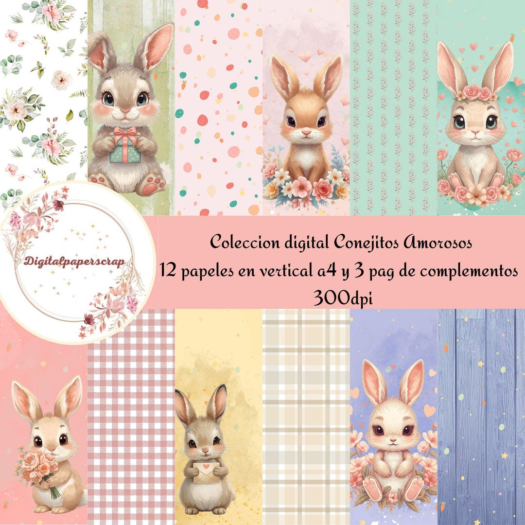 Cute Bunny Digital Paper Pack | Kawaii Rabbit Pastel Papers, 12 ...