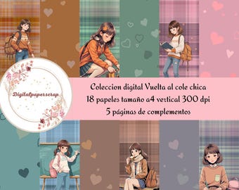 Puede incluir: Conjunto de papeles de scrapbooking digitales con temática escolar, que muestra ilustraciones de una niña en varias poses. El conjunto incluye 18 papeles tamaño A4 con orientación vertical y resolución de 300 ppp, más 5 páginas de extras. La paleta de colores incluye rosa, marrón y verde.