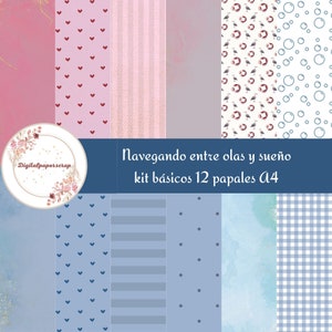 Puede incluir: Un pack de papel digital con 12 patrones diferentes en rosa y azul. Los patrones incluyen corazones, rayas, lunares y cuadros. El texto "Navegando entre olas y sueño kit básicos 12 papeles A4" está en el centro de la imagen.