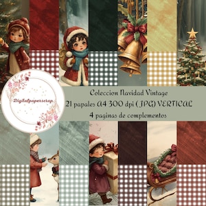 Puede incluir: Una colección de papel digital titulada Coleccion Navidad Vintage que incluye 21 hojas verticales A4 de 300 ppp en formato JPG y 4 páginas de complementos. Los diseños muestran ilustraciones de niños con ropa de invierno, árboles y campanas.