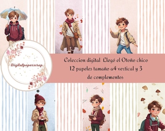 Colección Digital Scrapbooking A4 Otono | 12 Papeles + 3 Complementos | Imprimibles Alta Calidad | Chico Adolescente