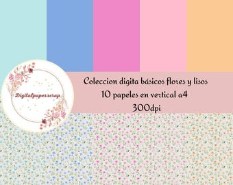 Pastel Floral Digital Papers A4 | Pack of 10 Scrapbooking Papers | Small Flowers and Solid Colors | 300 DPI JPG