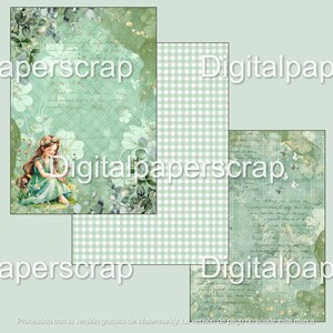Puede incluir: Una colecci&oacute;n de papeles de scrapbooking digitales en tonos verdes. Un papel presenta una ni&ntilde;a con una corona de flores, otro tiene un patr&oacute;n de cuadros y el tercero elementos florales y de escritura. Las palabras "Digitalpaperscrap" y "Digitalpap" son visibles.