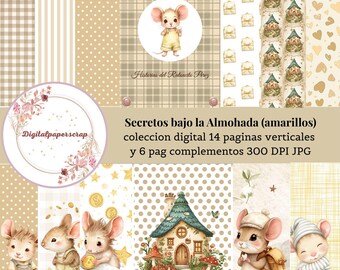 Kit de Scrapbooking Digital Ratoncito Pérez, Papel Scrap Infantil Acuarela, Diario de Recuerdos Bebé, Cliparts Ratón Pérez Vintage