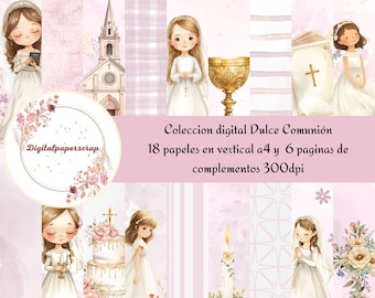 Colección Digital Dulce Comunión  ROSA| Papeles A4 Vertical 300 dpi | Kit Scrapbooking Comunión Niña