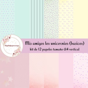 Peut inclure: Un pack de papier numérique avec 12 motifs différents comprenant des étoiles, des cœurs et des pois en rose, violet et bleu clair. Le texte "Mis amigos los unicornios (basicos) kit de 12 papeles tamaño A4 vertical" est en haut de l'image.