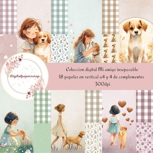 Puede incluir: Conjunto de papeles de scrapbooking digitales con ilustraciones de niñas y perros, diseños florales y cuadros vichy en colores pastel. El texto dice "Coleccion digital Mi amigo inseparable" y "18 papeles en vertical a4 y 4 de complementos 300dpi".