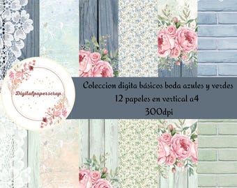 Blue and Green Wedding Digital Papers | 12 A4 Vertical 300dpi JPG Papers | Sage Green Dusty Blue Wedding, Scrapbooking, Junk Journal