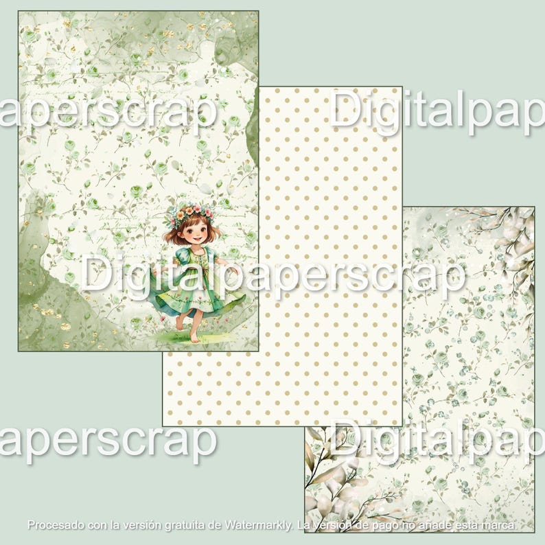 Puede incluir: Un conjunto de papeles digitales para scrapbooking con dise&ntilde;os florales y de lunares. Un papel presenta una ilustraci&oacute;n en acuarela de una ni&ntilde;a con un vestido verde. Los papeles tienen una paleta de colores suaves y pastel con tonos verdes y beige.