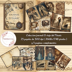 Puede incluir: Un kit de álbum de recortes de estilo vintage con temática del Titanic. El kit incluye un diario con un diseño de brújula y mapa, junto con varias imágenes y páginas decorativas. El texto dice "JOURNAL OF THE TITANIC".