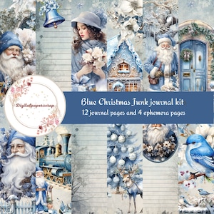 Puede incluir: Kit de diario de chatarra de Navidad azul con 12 páginas de diario y 4 páginas de efímeras. El kit presenta una variedad de imágenes, que incluyen un tren azul, un pájaro azul, un árbol de Navidad azul y una casa azul. El kit es perfecto para el scrapbooking, la elaboración de tarjetas y otras manualidades de papel.