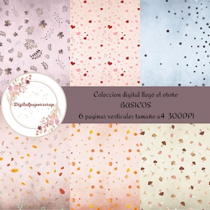 Puede incluir: Una colección de papel digital con seis páginas verticales que muestran varios patrones. Los diseños incluyen hojas, corazones y puntos en colores suaves como rosa, lavanda y beige. El texto en la imagen dice "Coleccion digital llegó el otoño BASICOS 6 páginas verticales tamaño a4 300DPI."