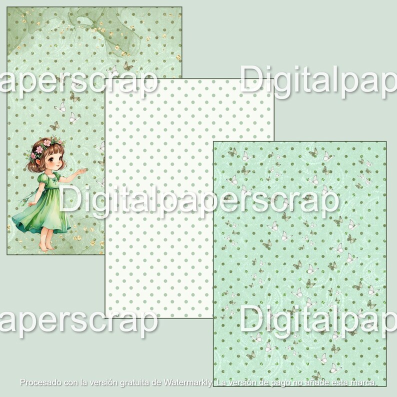 Puede incluir: Colecci&oacute;n de papeles digitales para scrapbooking en tonos verdes y blancos. Una hoja presenta una ni&ntilde;a de dibujos animados con un vestido verde, otras tienen lunares y patrones de mariposas. Los textos "Digitalpap" y "aperscrap" son visibles.