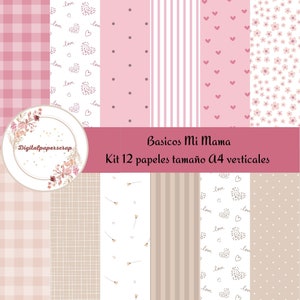 Puede incluir: Una colección de doce papeles estampados verticales A4 en tonos rosa, blanco y beige. Los diseños incluyen cuadros, rayas, corazones, lunares y estampados florales. El texto "Basicos Mi Mama" y "Kit 12 papeles tamaño A4 verticales" es visible.