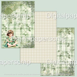 Puede incluir: Conjunto de papeles de scrapbooking digitales con una ni&ntilde;a leyendo, patrones florales y a cuadros en tonos verdes y beige. Hojas decorativas y acentos de texto enmarcan los dise&ntilde;os. Incluye el texto "Digitalpaperscrap".