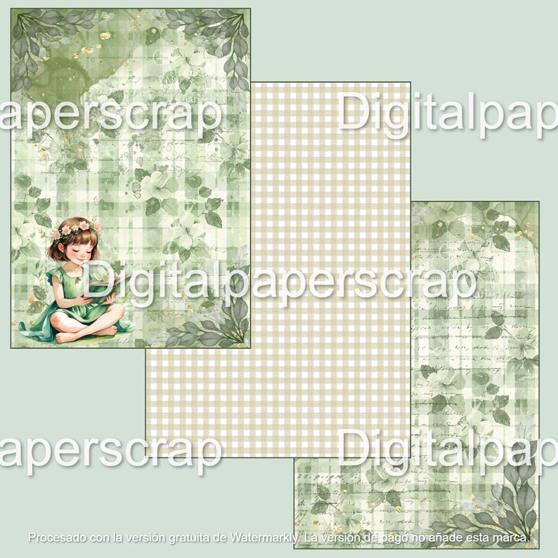 Puede incluir: Conjunto de papeles de scrapbooking digitales con una ni&ntilde;a leyendo, patrones florales y a cuadros en tonos verdes y beige. Hojas decorativas y acentos de texto enmarcan los dise&ntilde;os. Incluye el texto "Digitalpaperscrap".