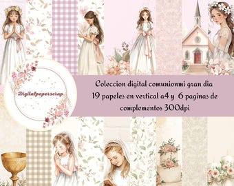Colección Digital Primera Comunión Rosa y Beige | Papeles para Scrapbooking | Tarjetas, Etiquetas y Recortables | 25 Páginas en JPG 300 DPI