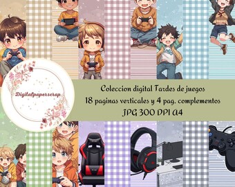 Puede incluir: Papel de scrapbook digital con ilustraciones de estilo anime de niños jugando videojuegos y accesorios de juego. El texto dice "Coleccion digital Tardes de juegos" y "18 paginas verticales y 4 pag. complementos". Colores: marrón, naranja y azul.