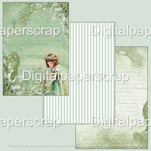 Puede incluir: Conjunto de papeles de scrapbooking digitales con una ni&ntilde;a con una corona de flores, rodeada de elementos florales. El conjunto incluye varios dise&ntilde;os de papel en tonos verdes, incluyendo patrones a rayas y texturizados. El texto "Digitalpaperscrap" est&aacute; superpuesto.