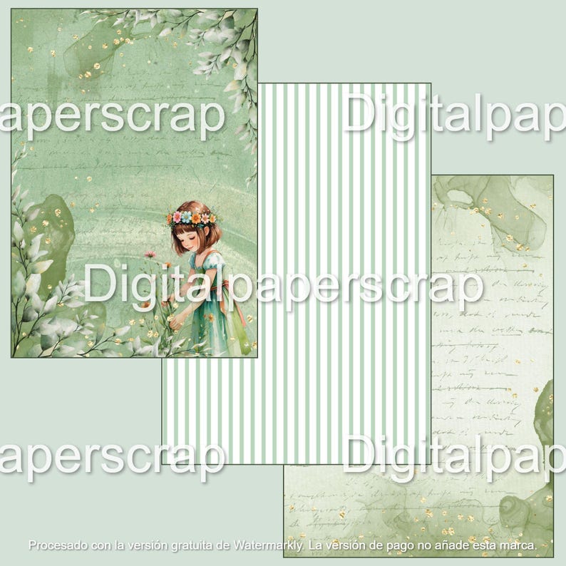 Puede incluir: Conjunto de papeles de scrapbooking digitales con una ni&ntilde;a con una corona de flores, rodeada de elementos florales. El conjunto incluye varios dise&ntilde;os de papel en tonos verdes, incluyendo patrones a rayas y texturizados. El texto "Digitalpaperscrap" est&aacute; superpuesto.