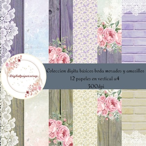 Puede incluir: Una colección de 12 papeles digitales verticales A4, con diversos diseños. Los papeles incluyen patrones florales, texturas de madera y patrones de ladrillo en tonos morados, amarillos y blancos. La imagen también incluye un borde de encaje decorativo y el texto "Digitalpaperscrap".