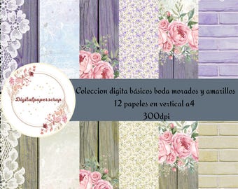 Purple and Yellow Wedding Digital Papers | 12 A4 Vertical 300dpi JPG Papers | Scrapbooking, Invitations, Junk Journal, Printable